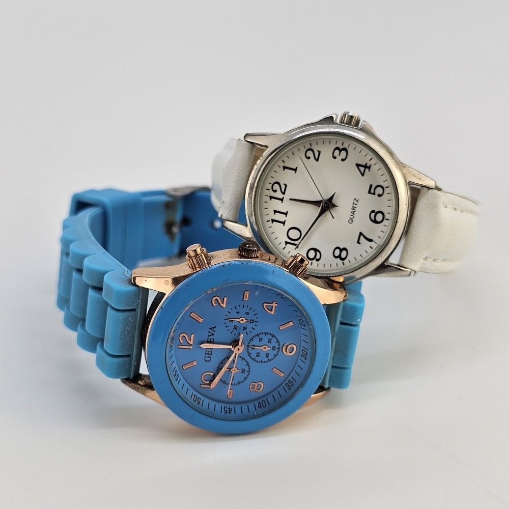 2X Women's Watch 28-30MM White Blue Dial Leather Plastic Bands NEW Battery